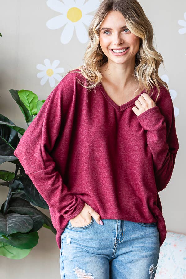 Brushed Knit Oversized V-neckline Top in Plus- HTP12355