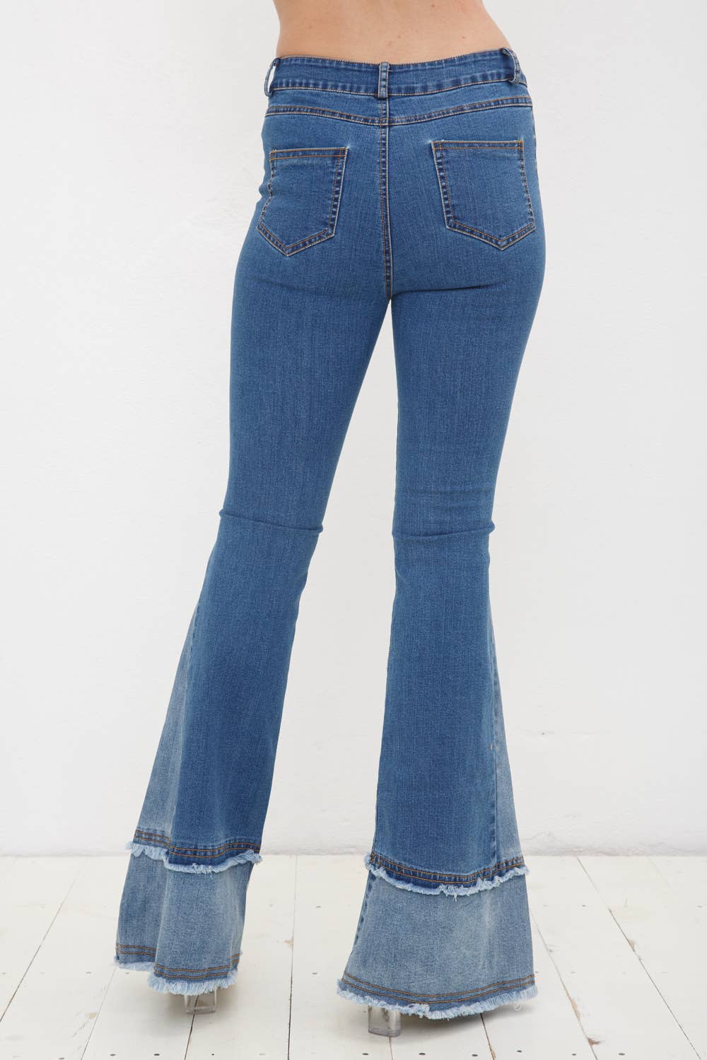 17391P - Two Tone Frayed Detail Bell Bottom Denim Jeans