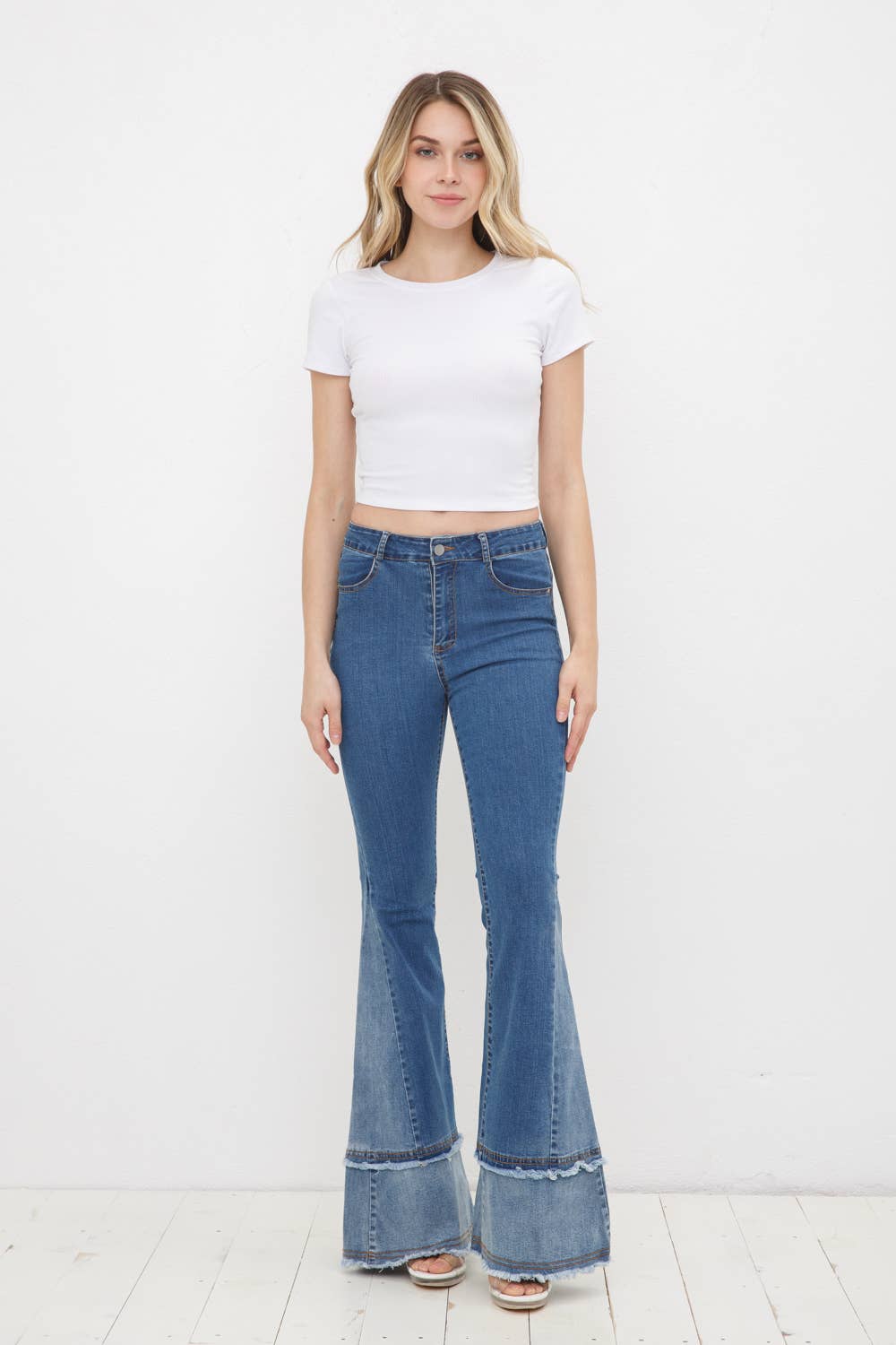 17391P - Two Tone Frayed Detail Bell Bottom Denim Jeans