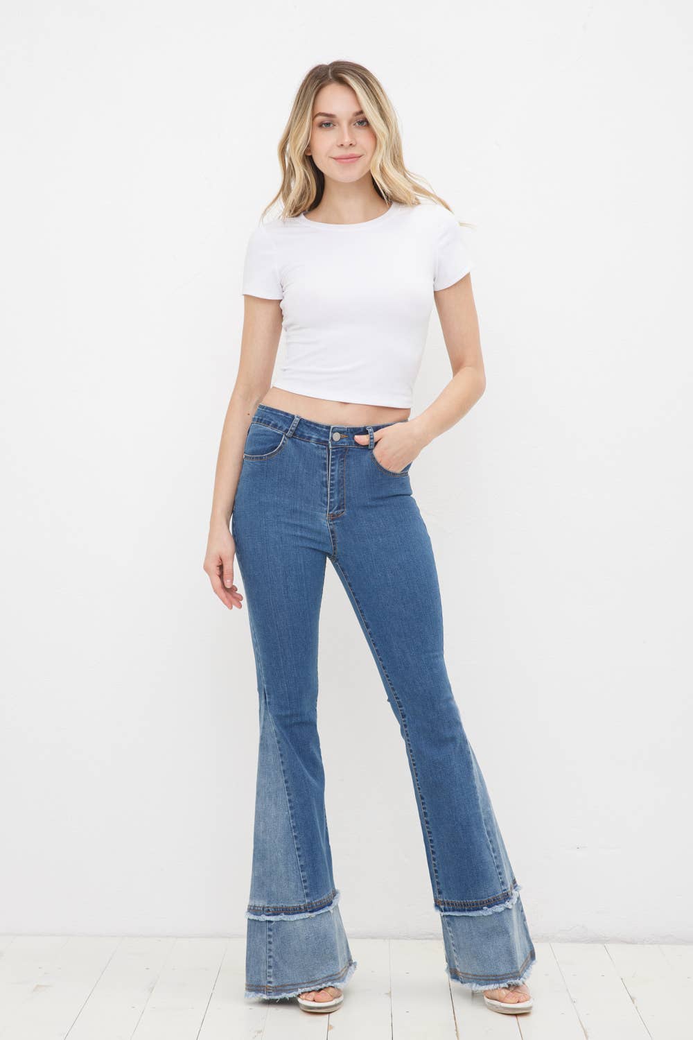 17391P - Two Tone Frayed Detail Bell Bottom Denim Jeans