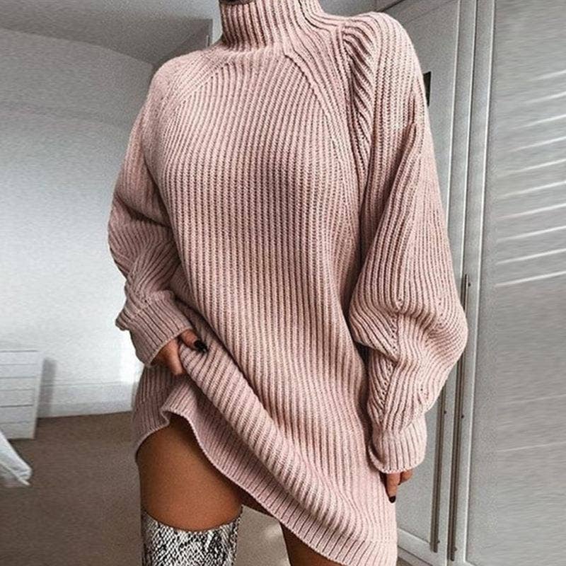 Sweetkama Ladies Solid Long Sleeves Mock Neck Dress