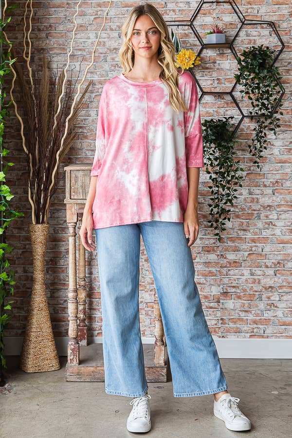 Tie Dye Basic Top with Stitching Detail