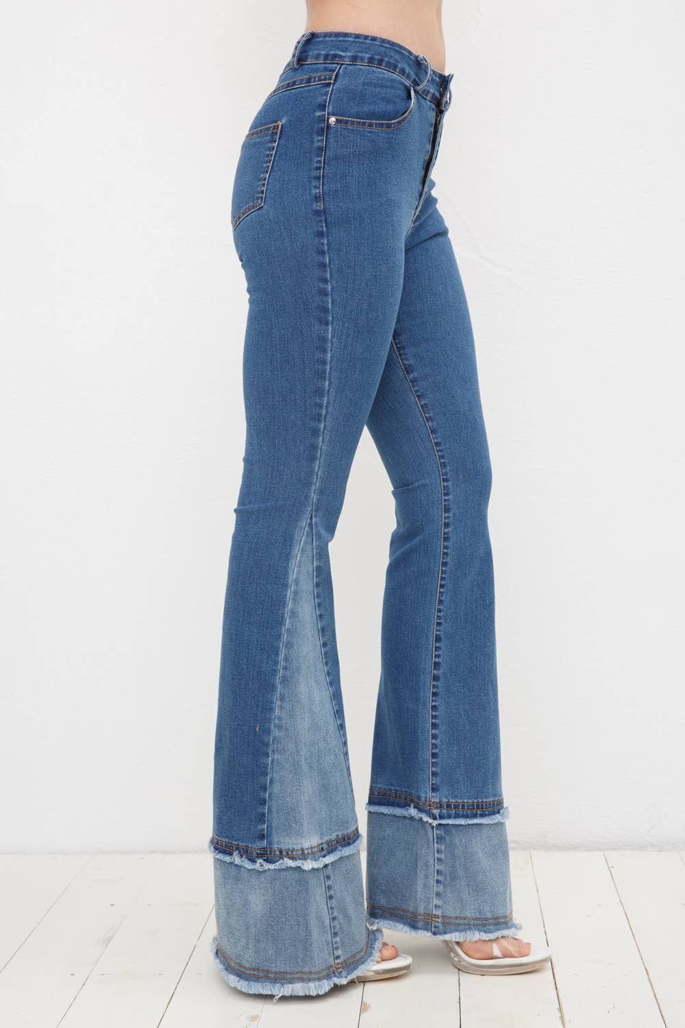 17391P - Two Tone Frayed Detail Bell Bottom Denim Jeans