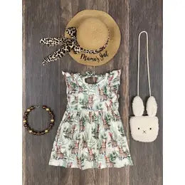 Sweet Easter Bunny Foliage Flutter Sleeve Dress