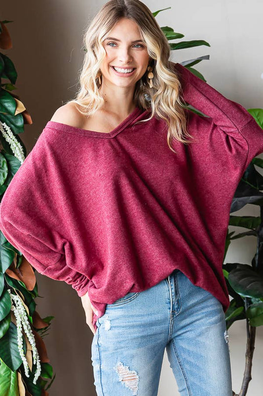 Brushed Knit Oversized V-neckline Top in Plus- HTP12355