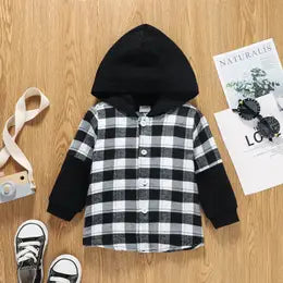 Toddler Boy 100% Cotton Plaid Stitching Button Down Hoodie Shirt