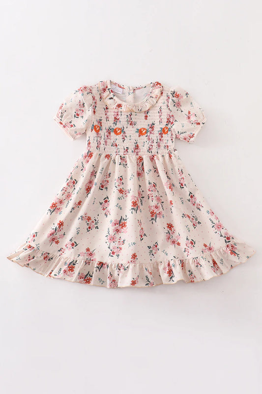 Beige floral smocked ruffle dress