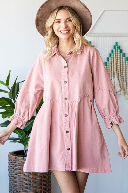 Color Denim Button Shirt Dress