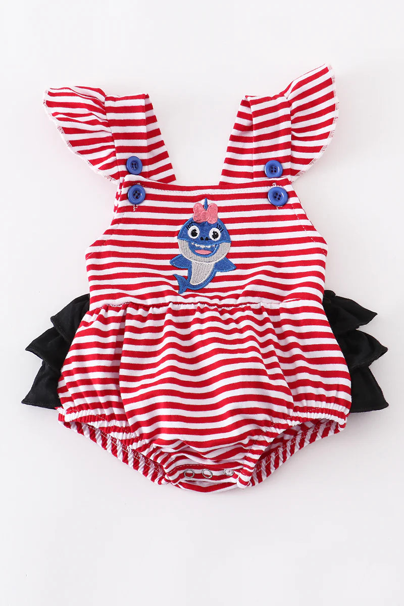 Red stripe shark applique ruffle baby romper